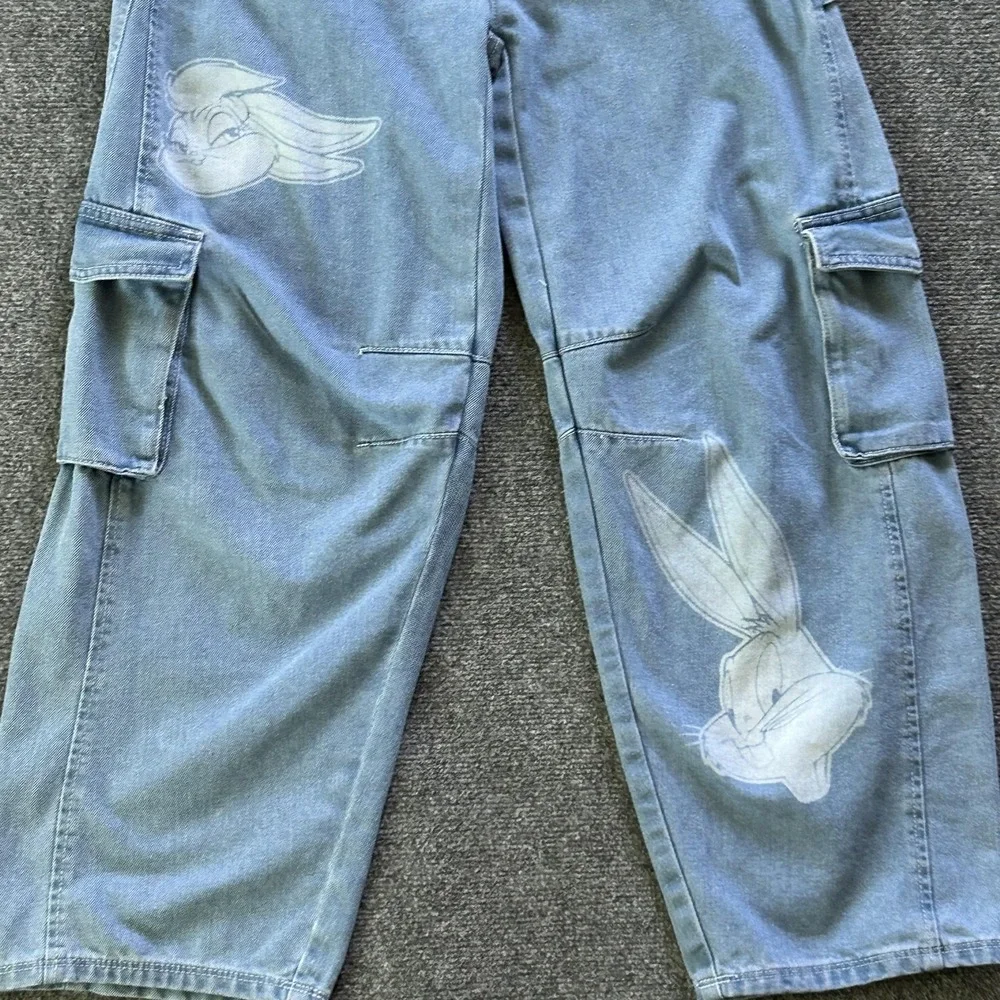 Justice Jeans Girls 16 Blue Barrel Wide Leg Looney Tunes Bugs Bunny Cargo Denim